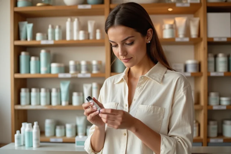 Femme examinant un produit Magnifaïk dans un magasin de santé et beauté bien organisé