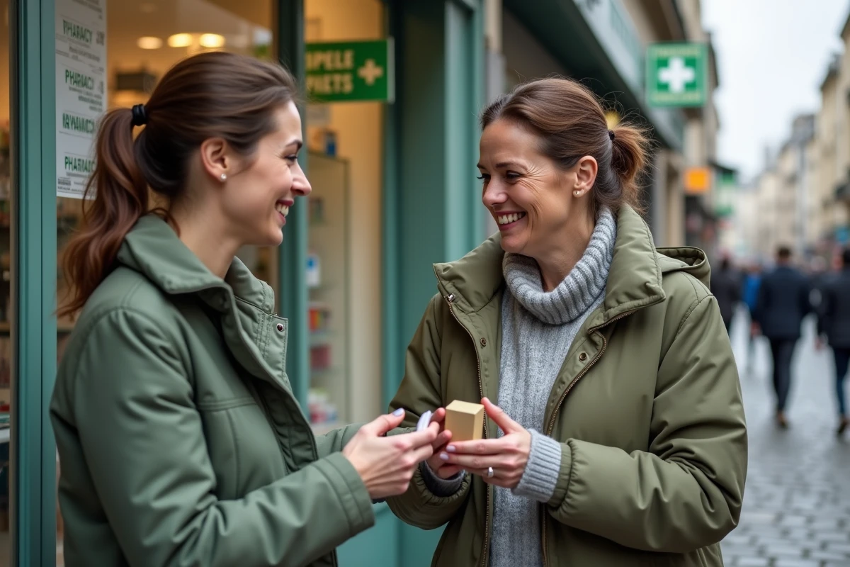 Deux femmes discutant d'un produit Magnifaïk devant une pharmacie en ville