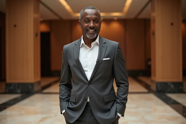Portrait éditorial d'un acteur hollywoodien afro-américain en costume gris anthracite dans un lobby d'hôtel de luxe