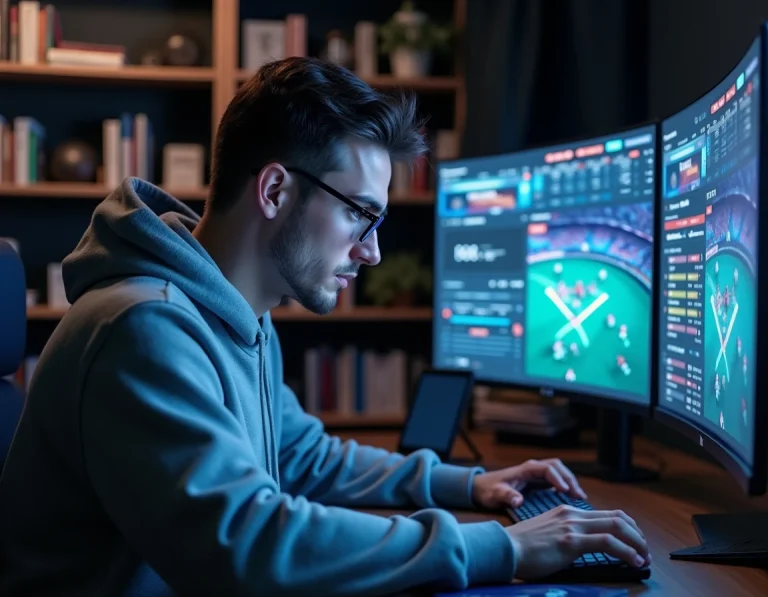 Homme analysant des résultats sportifs en temps réel sur un écran ultrawide avec tableaux de bord et statistiques en direct