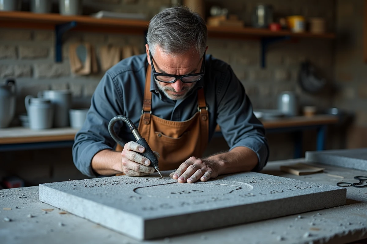Artesano marmolista grabando una placa funeraria de granito gris en un taller con una herramienta neumática, expresión concentrada