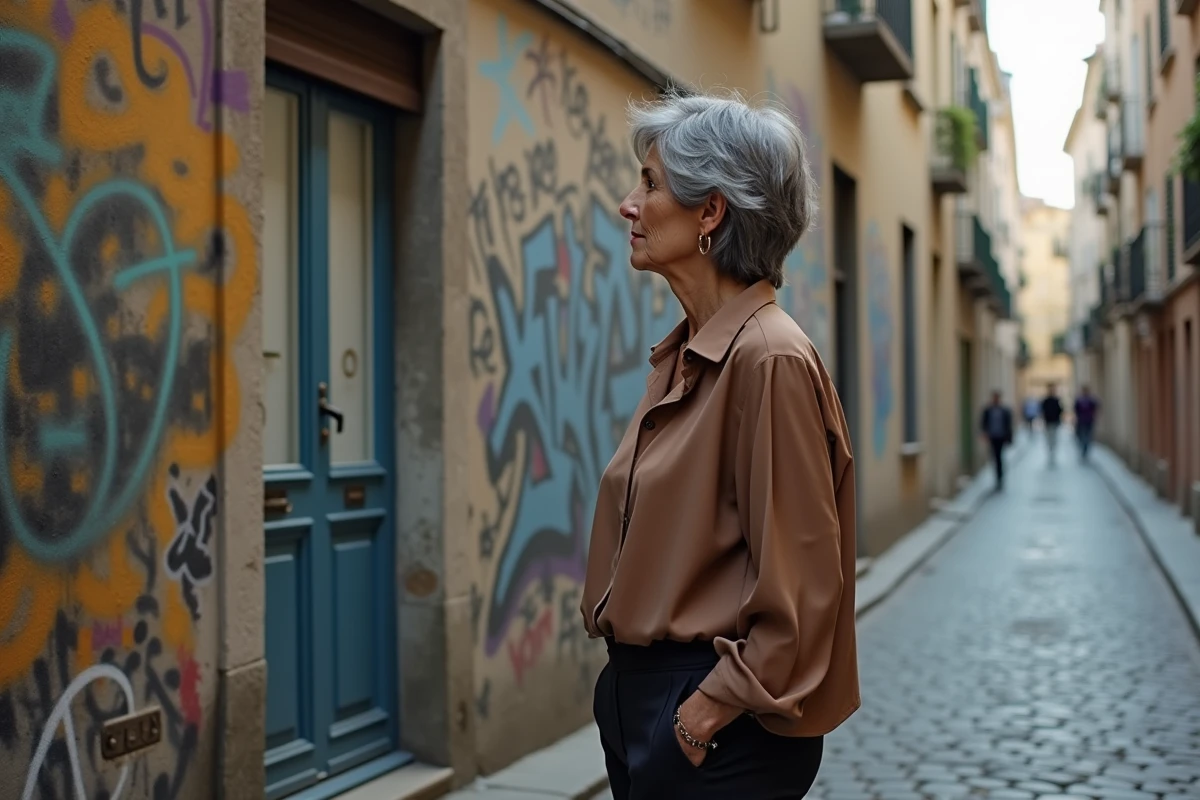 Femme artiste mature posant dans une rue de Montmartre devant un mur street art à Paris