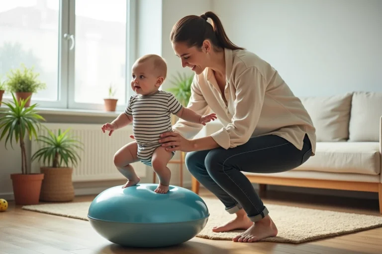 Mère faisant rebondir son bébé sur une balle d'exercice dans un salon lumineux pour stimuler son développement moteur