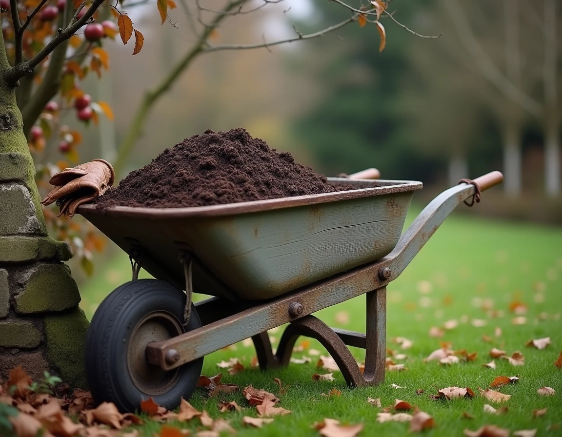 Brouette en bois remplie de fumier décomposé au bord d'une pelouse de jardin en automne