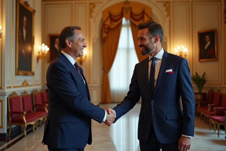 Diplomate français serrant la main d'un homologue étranger lors d'une cérémonie officielle dans la salle de réception d'une ambassade