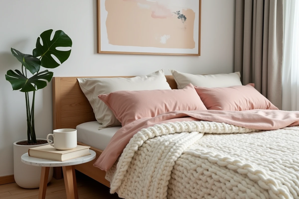 Chambre zen scandinave avec lit en chêne huilé, plaid en laine tricotée et tableau sumi-e au-dessus de la tête de lit