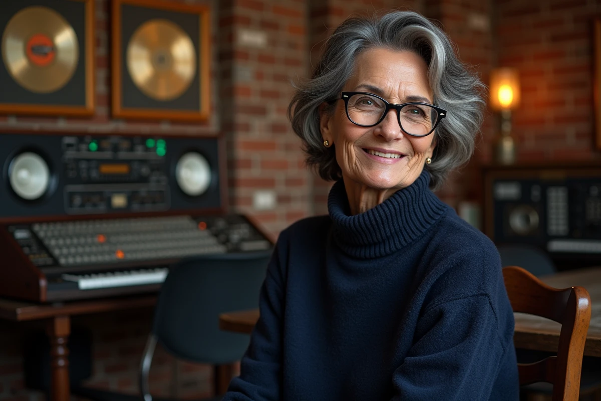 Chanteuse française vieillissant avec élégance dans un studio d'enregistrement vintage entouré de synthétiseurs et de disques d'or