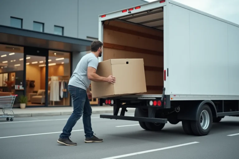 Homme chargeant des meubles en carton dans un camion blanc devant un magasin Conforama