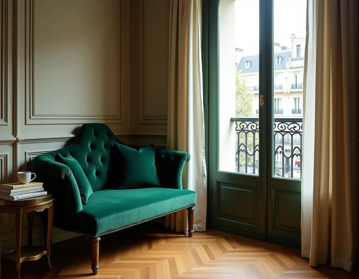 Coin lecture cosy dans une alcôve d'appartement haussmannien avec banquette en velours vert, parquet ancien et fenêtre arquée pour une déco intérieure unique