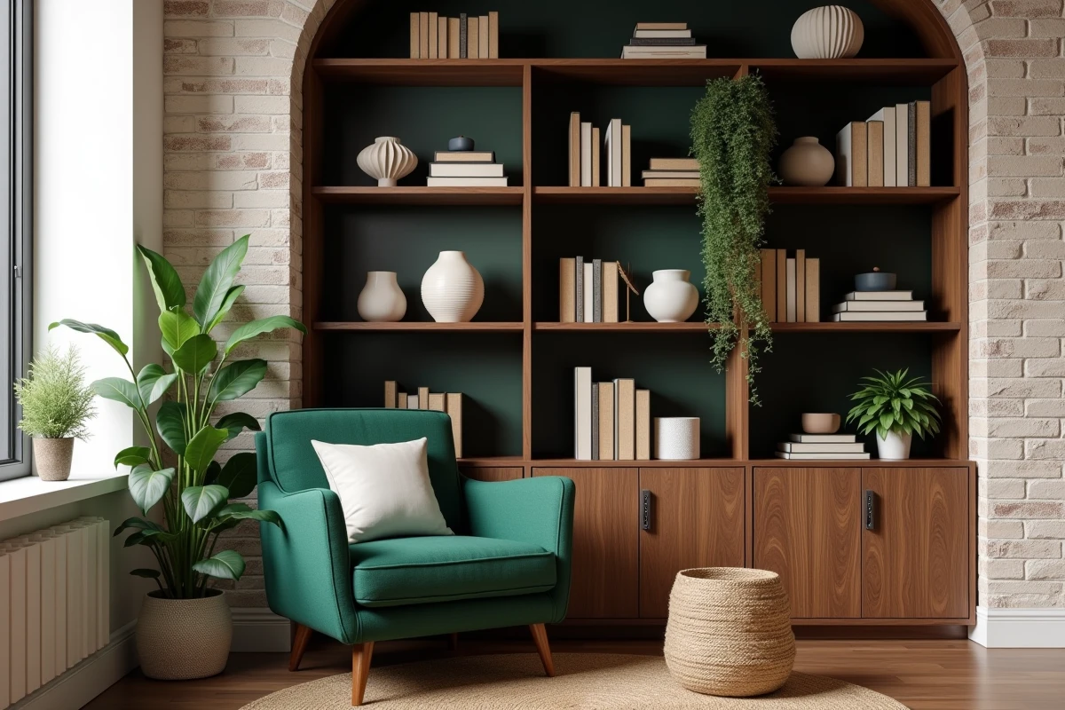 Coin lecture cosy avec fauteuil en lin vert forêt, bibliothèque en noyer et mur en brique peint en blanc cassé