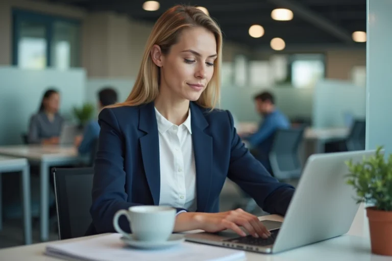 Professionnelle connectée à l'extranet Alis BNP Paribas sur son ordinateur portable dans un bureau moderne