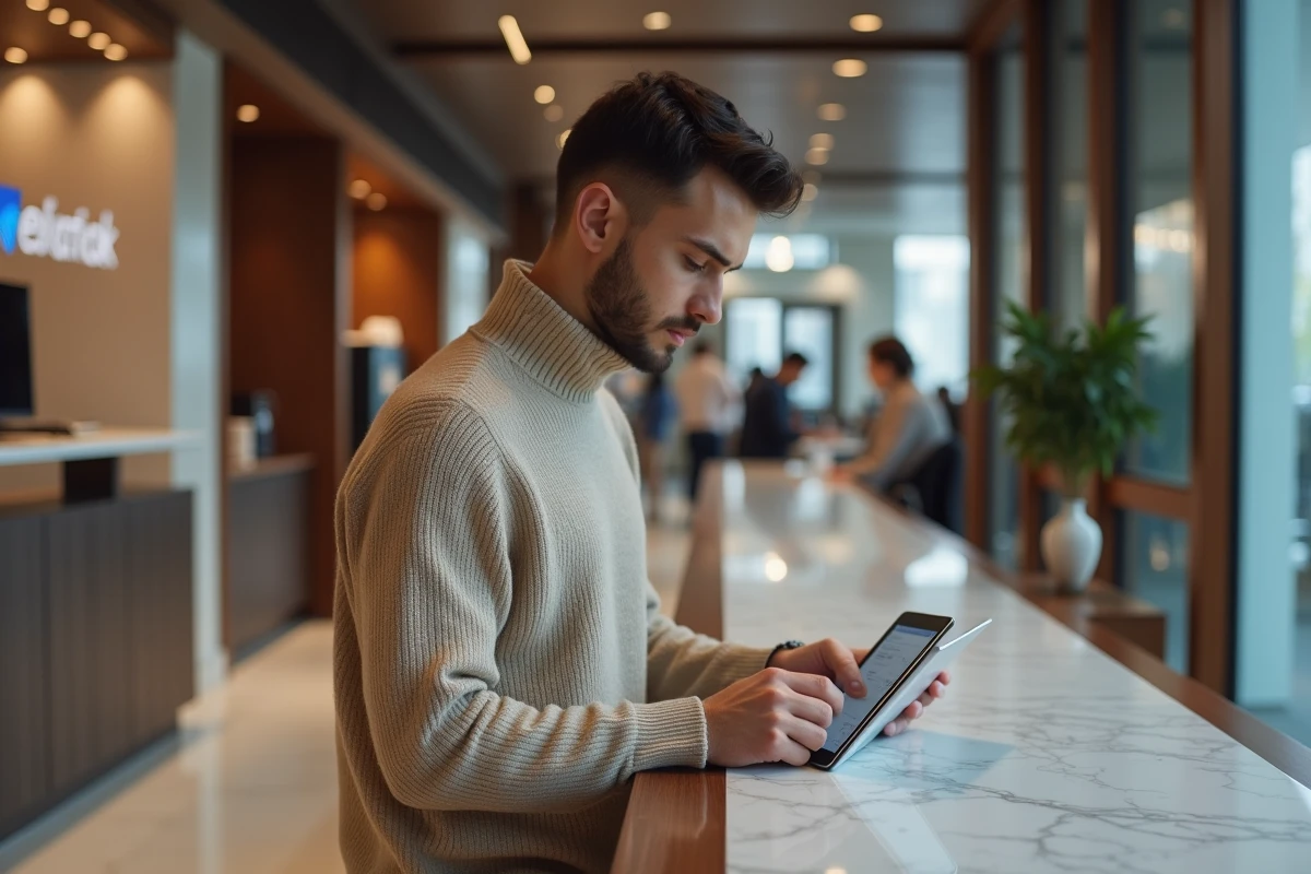 Jeune professionnel utilisant une tablette pour se connecter à l'extranet Alis BNP Paribas dans une agence bancaire