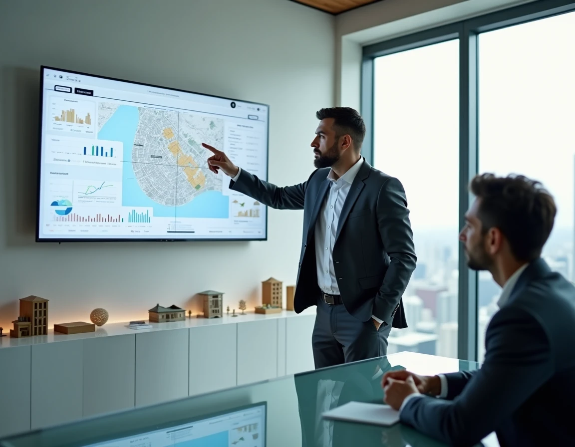 Conseiller immobilier présentant des tendances du marché à un client dans une agence moderne pour un investissement serein