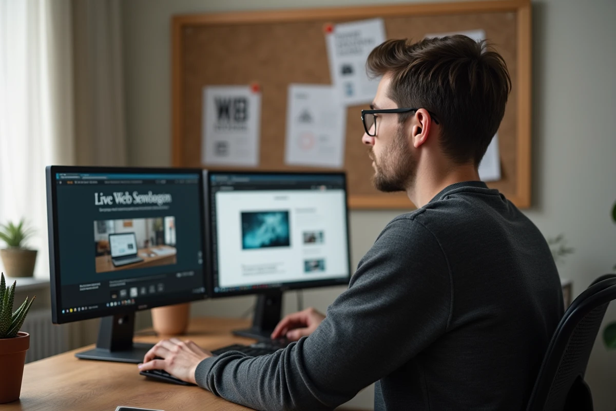 Consultant indépendant explorant la présentation en ligne de D'clic Lab et ses services digitaux depuis son bureau à domicile