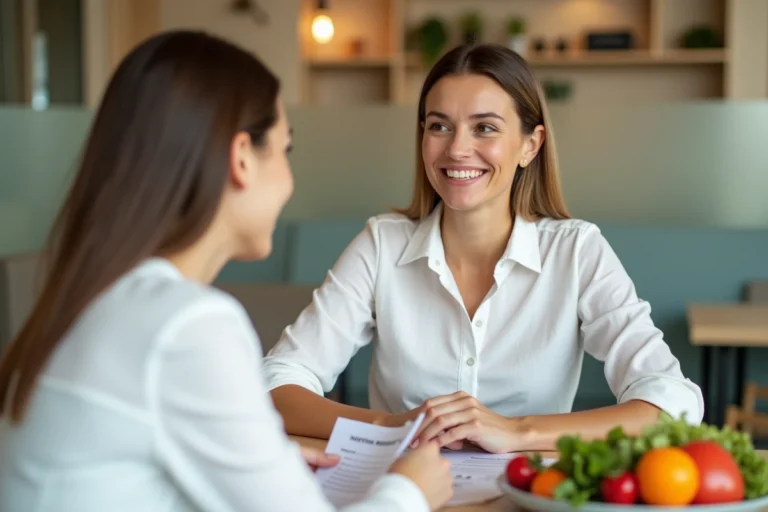 Femme consultant un conseiller Naturhouse avec un programme alimentaire de 3 semaines posé sur le bureau