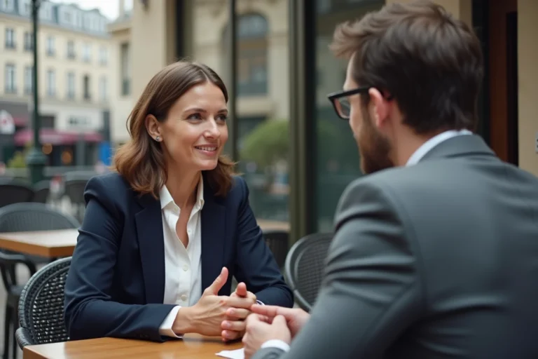 Femme et homme discutant dans un café parisien en extérieur
