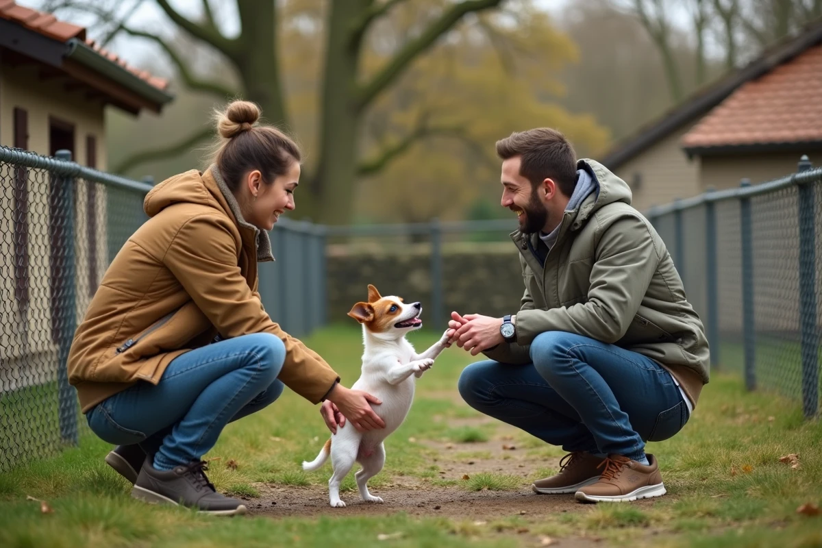 Couple adoptant un petit chien dans un refuge associatif en Gironde près de Langon