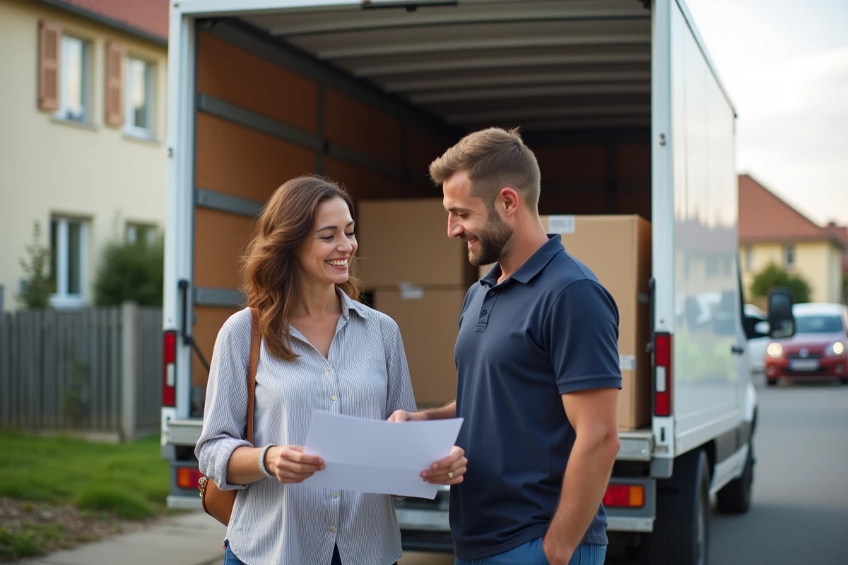 Couple consultant une liste de vérification avant de transporter des meubles avec un camion gratuit Conforama