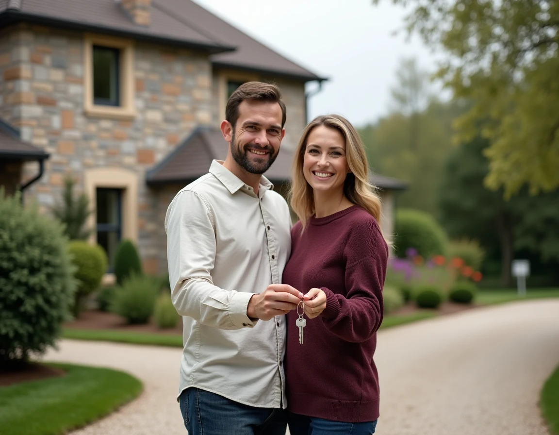 Couple heureux tenant les clés de leur nouvelle maison lors d'un investissement immobilier réussi en banlieue