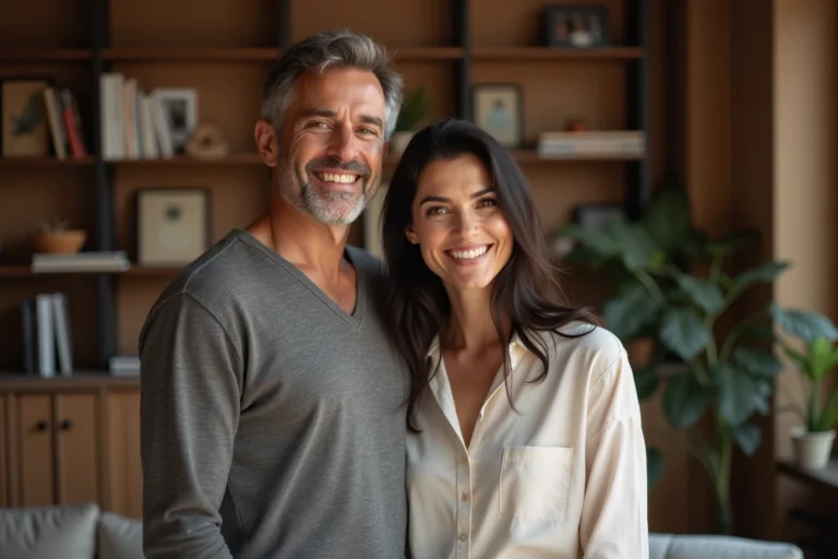 Couple discret et complice dans un appartement parisien chaleureux, portrait de la femme de Booder