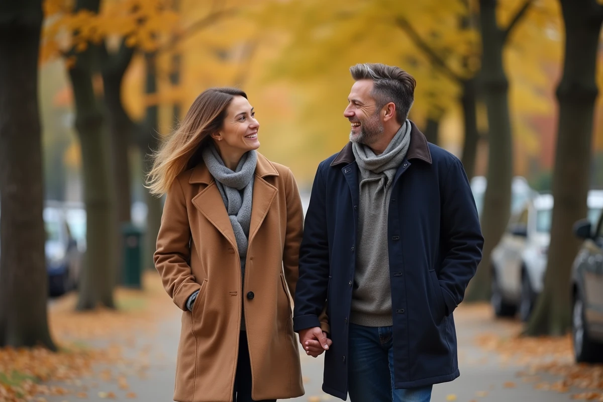 Couple se promenant sous les arbres en automne à Paris, portrait d'une compagne discrète aux côtés d'un humoriste