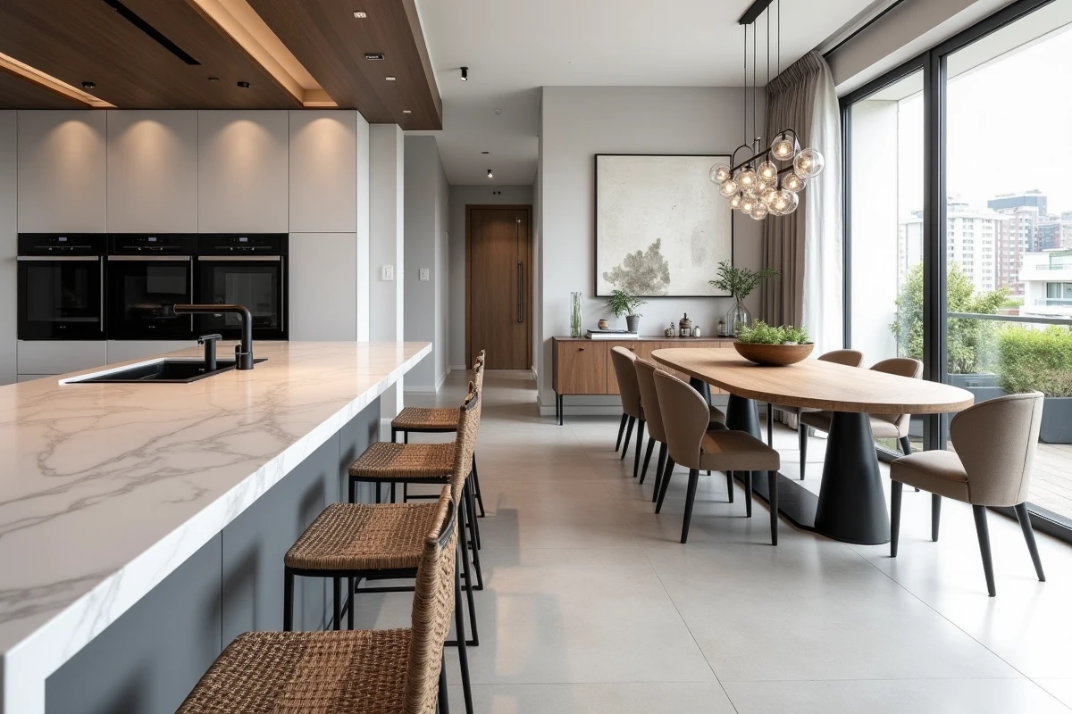 Cuisine ouverte contemporaine avec îlot en marbre blanc, tabourets en rotin et espace repas en chêne fumé