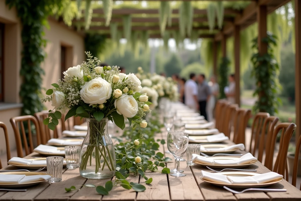 Table de réception de mariage décorée de pivoines blanches et de verdure sur une longue table en bois dans une propriété provençale