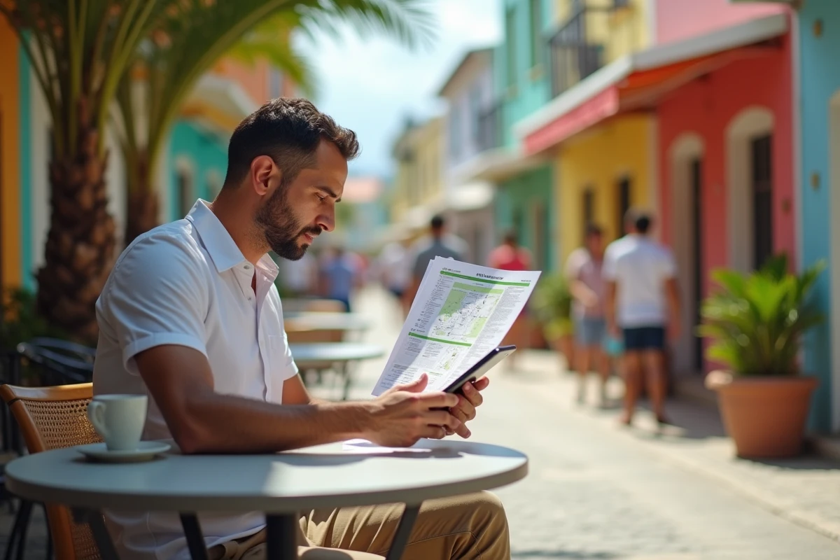 Homme consultant ses démarches administratives pour s'installer à Nouméa en Nouvelle-Calédonie depuis un café en plein air