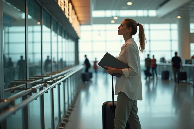 Femme préparant son départ pour la Nouvelle-Calédonie dans un terminal d'aéroport international avec valise et documents de voyage
