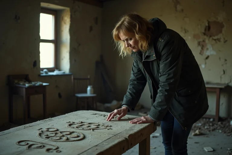 Femme enquetrice examine symbols anciens dans une ferme abandonnée