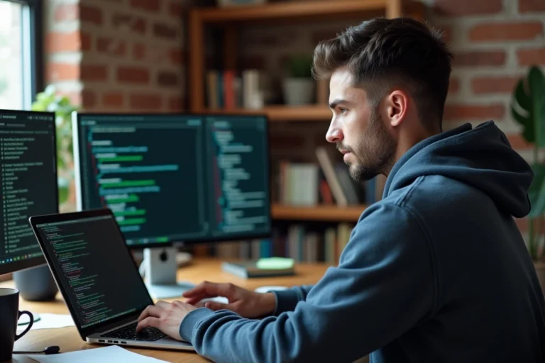 Développeur Linux concentré tapant des commandes dans un terminal sur un bureau à domicile moderne