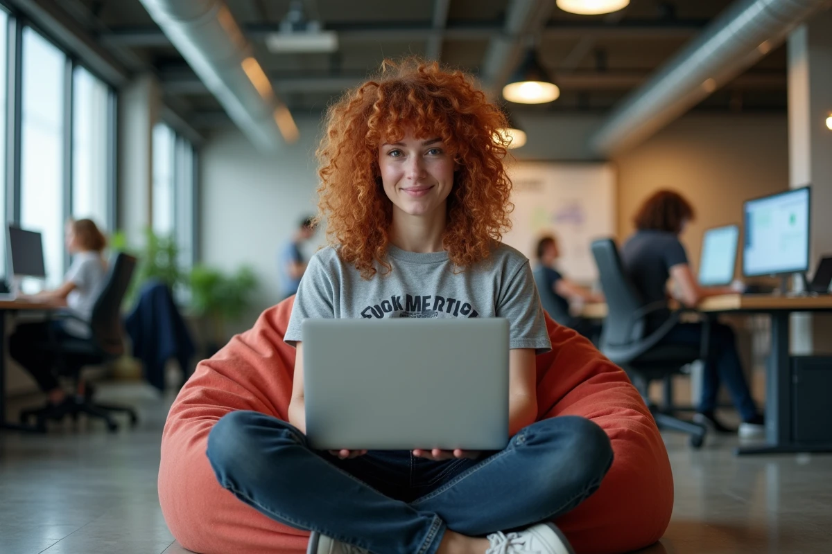 Développeuse utilisant Linux sur un ordinateur portable dans un espace de coworking technologique