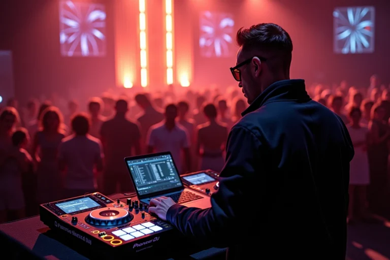 DJ professionnel derrière une console Pioneer lors d'un concert privé haut de gamme en 2025
