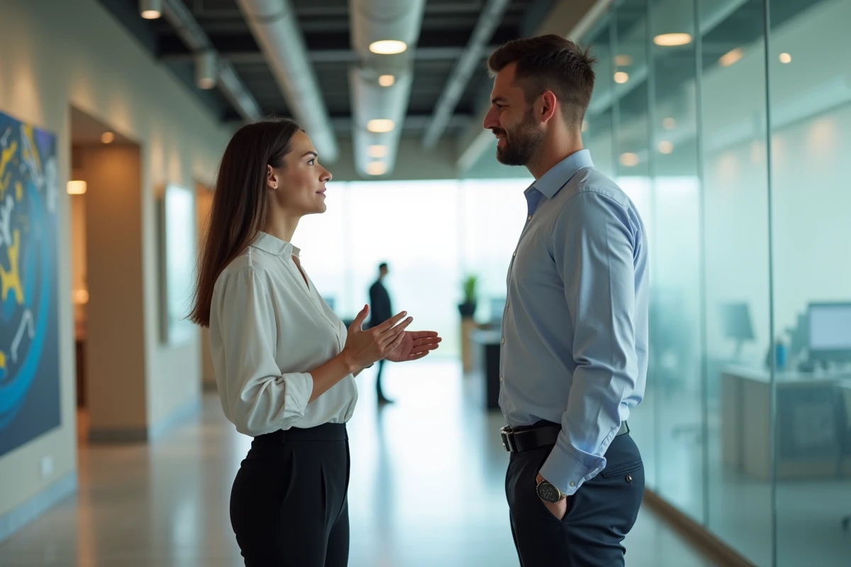 Femme et homme discutant dans le couloir moderne