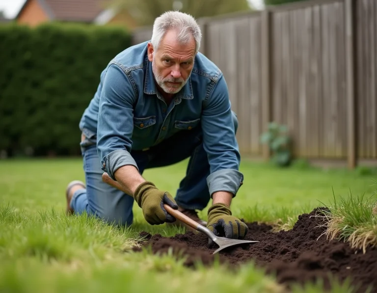 Jardinier épandant du fumier organique sur une pelouse résidentielle au printemps avec une fourche de jardin