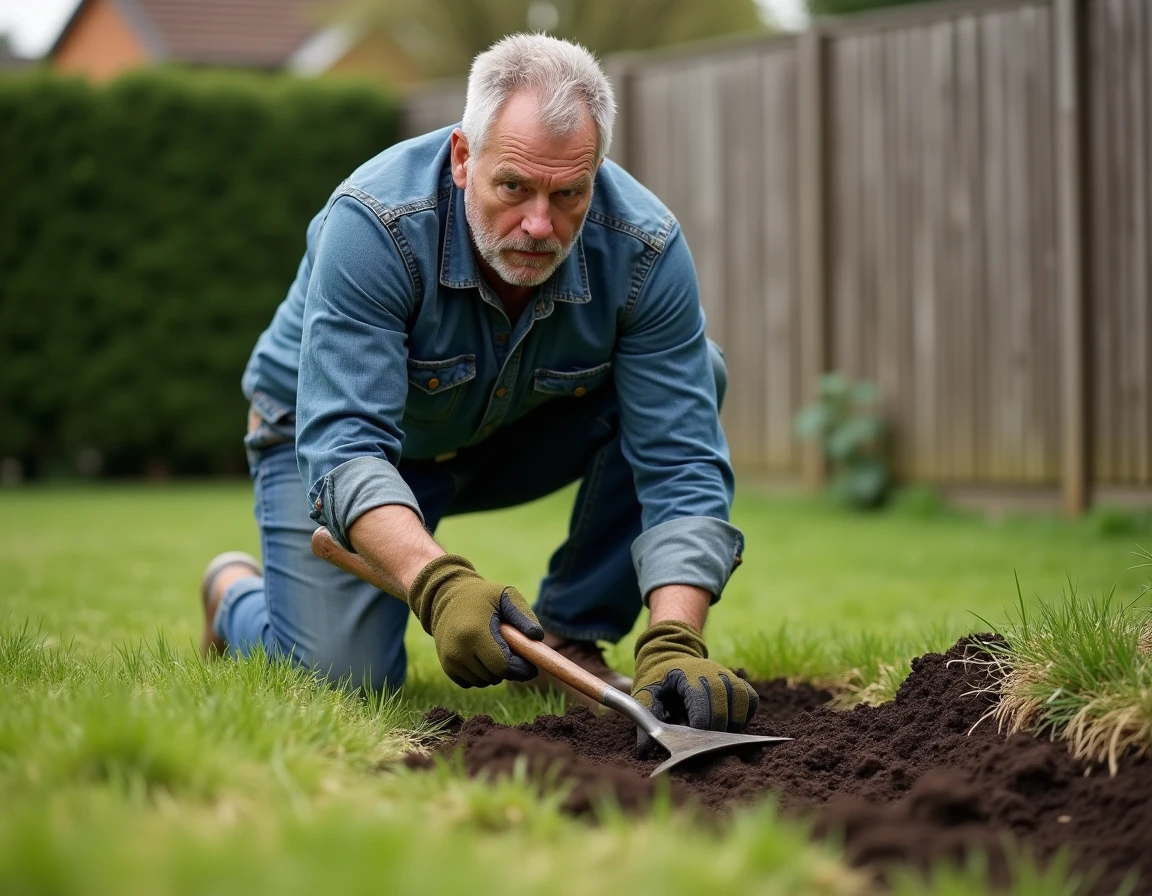 Jardinier épandant du fumier organique sur une pelouse résidentielle au printemps avec une fourche de jardin