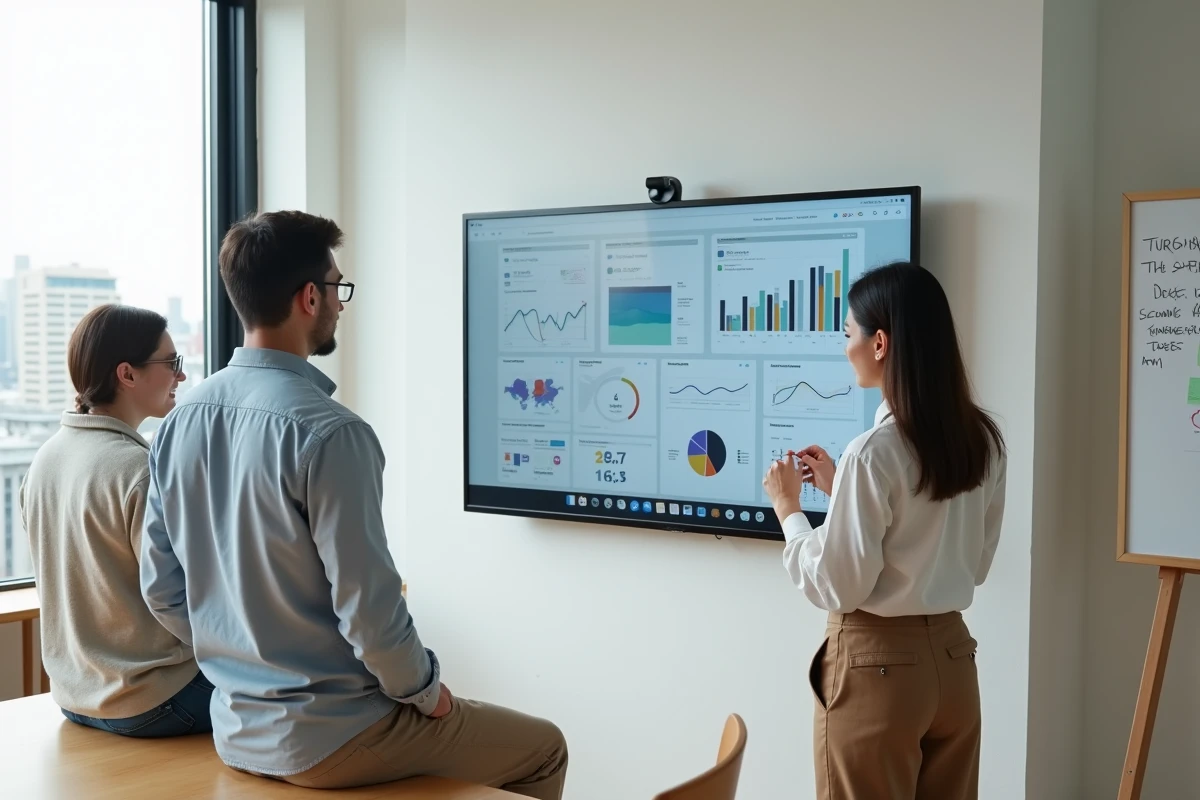 Équipe de professionnels collaborant autour d'une présentation en ligne de solutions digitales innovantes en salle de réunion
