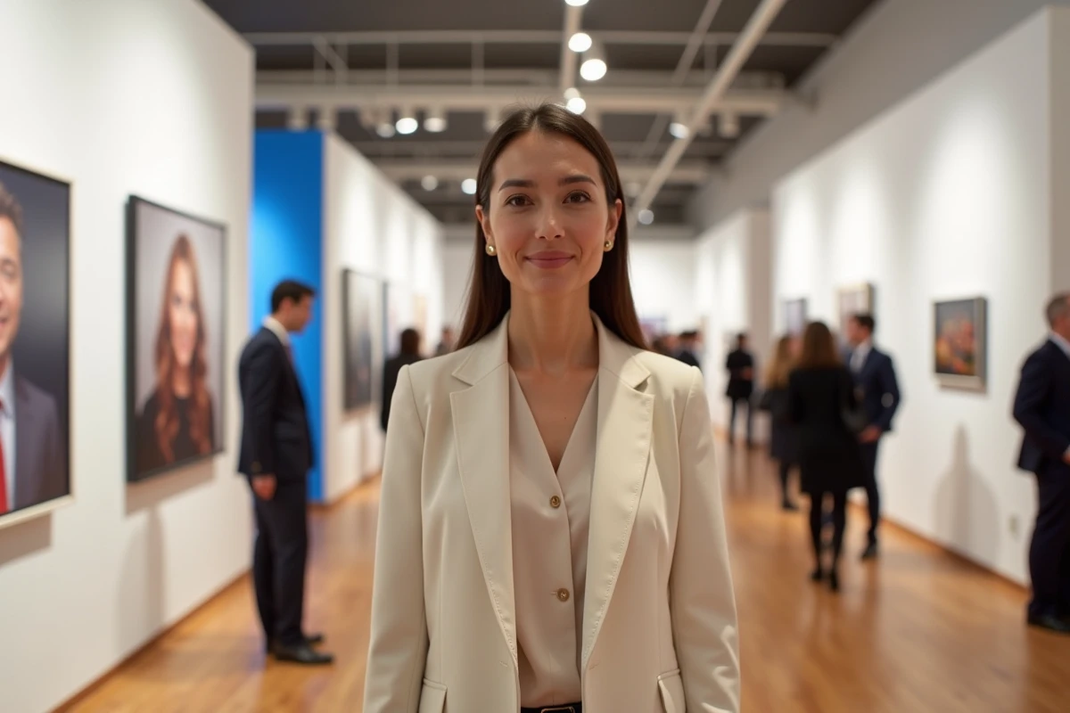 Attachée culturelle française devant une bannière d'exposition lors d'un événement culturel organisé par l'ambassade de France