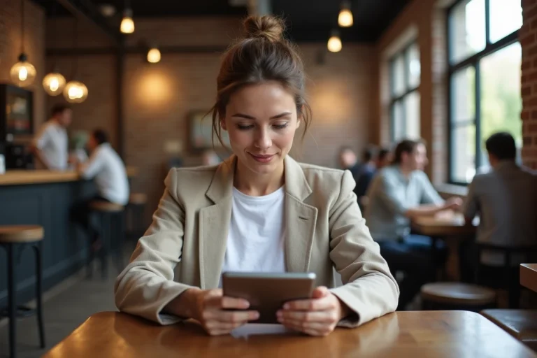 Femme consultant les actualités du mois sur une tablette numérique dans un café moderne