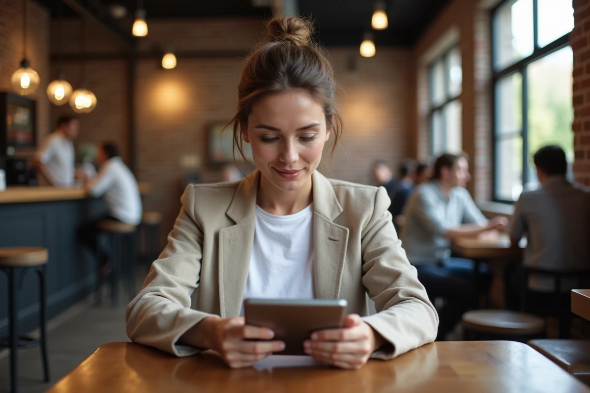 Femme consultant les actualités du mois sur une tablette numérique dans un café moderne