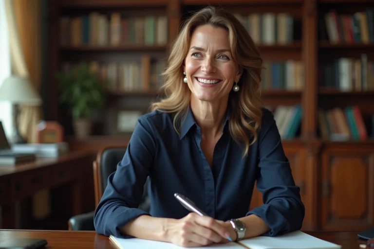 Femme en bureau à domicile avec livre et stylo
