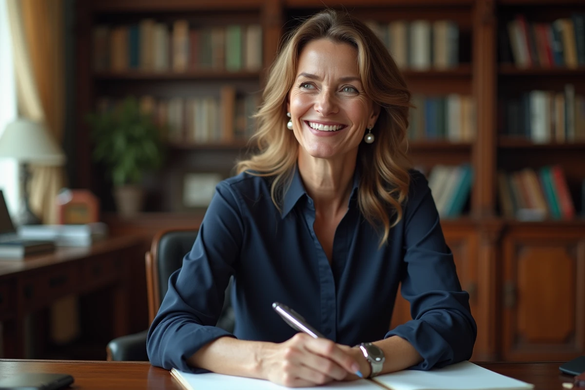 Femme en bureau à domicile avec livre et stylo