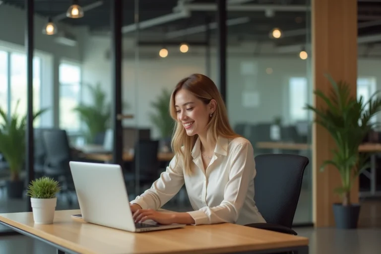 Femme professionnelle au bureau avec ordinateur portable