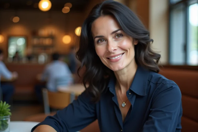 Portrait d'une femme souriante dans un café moderne
