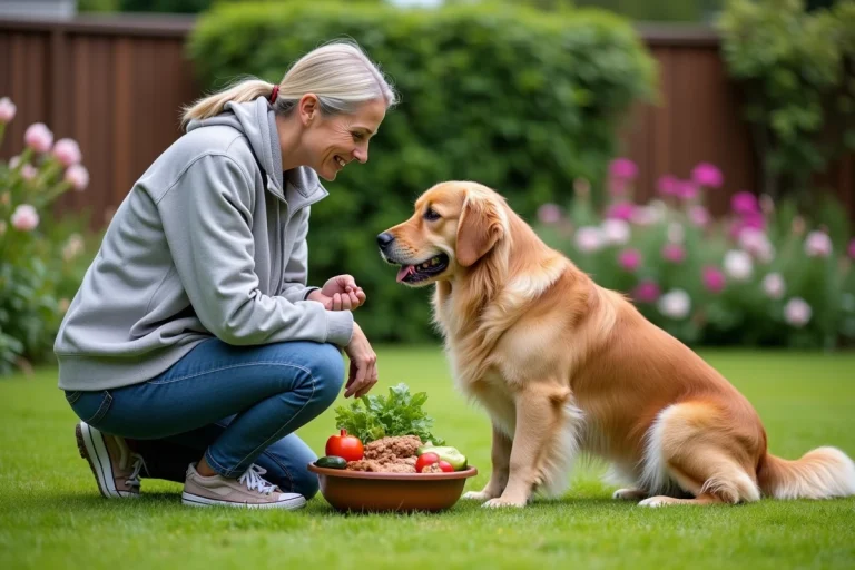 Femme et chien dans le jardin avec légumes frais