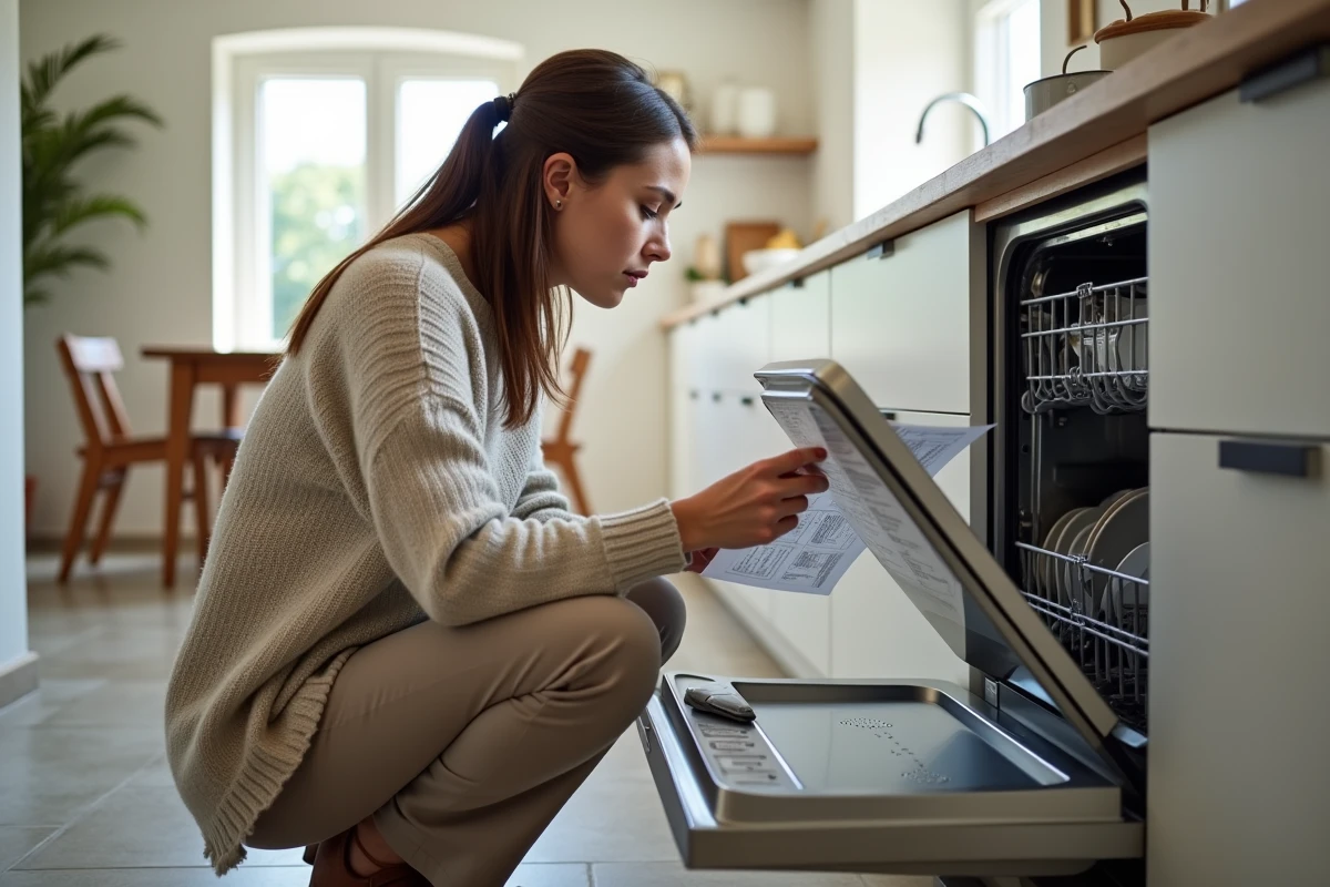 Jeune femme consulte un manuel devant un lave-vaisselle