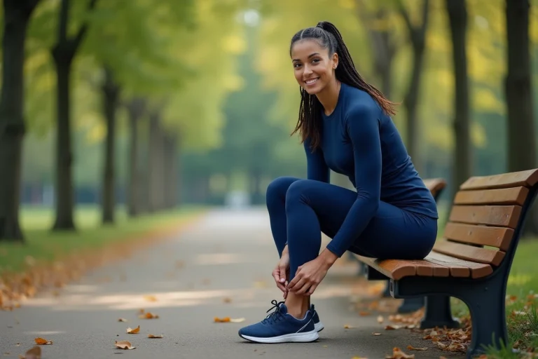 Femme souriante en tenue de sport dans un parc urbain
