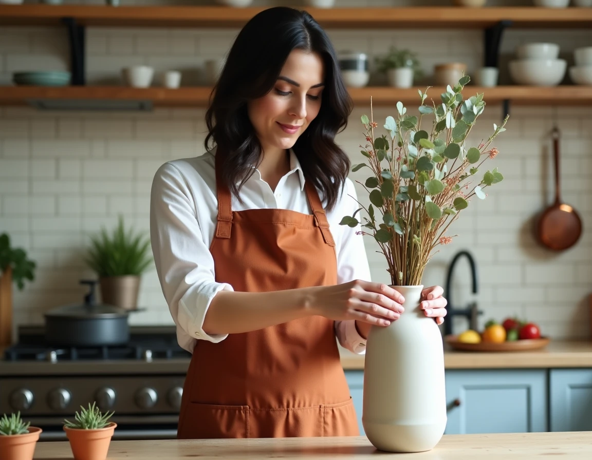 Femme arrangeant des fleurs séchées dans un vase en céramique dans une cuisine rustique en bois et carrelage blanc, décoration intérieure faite maison