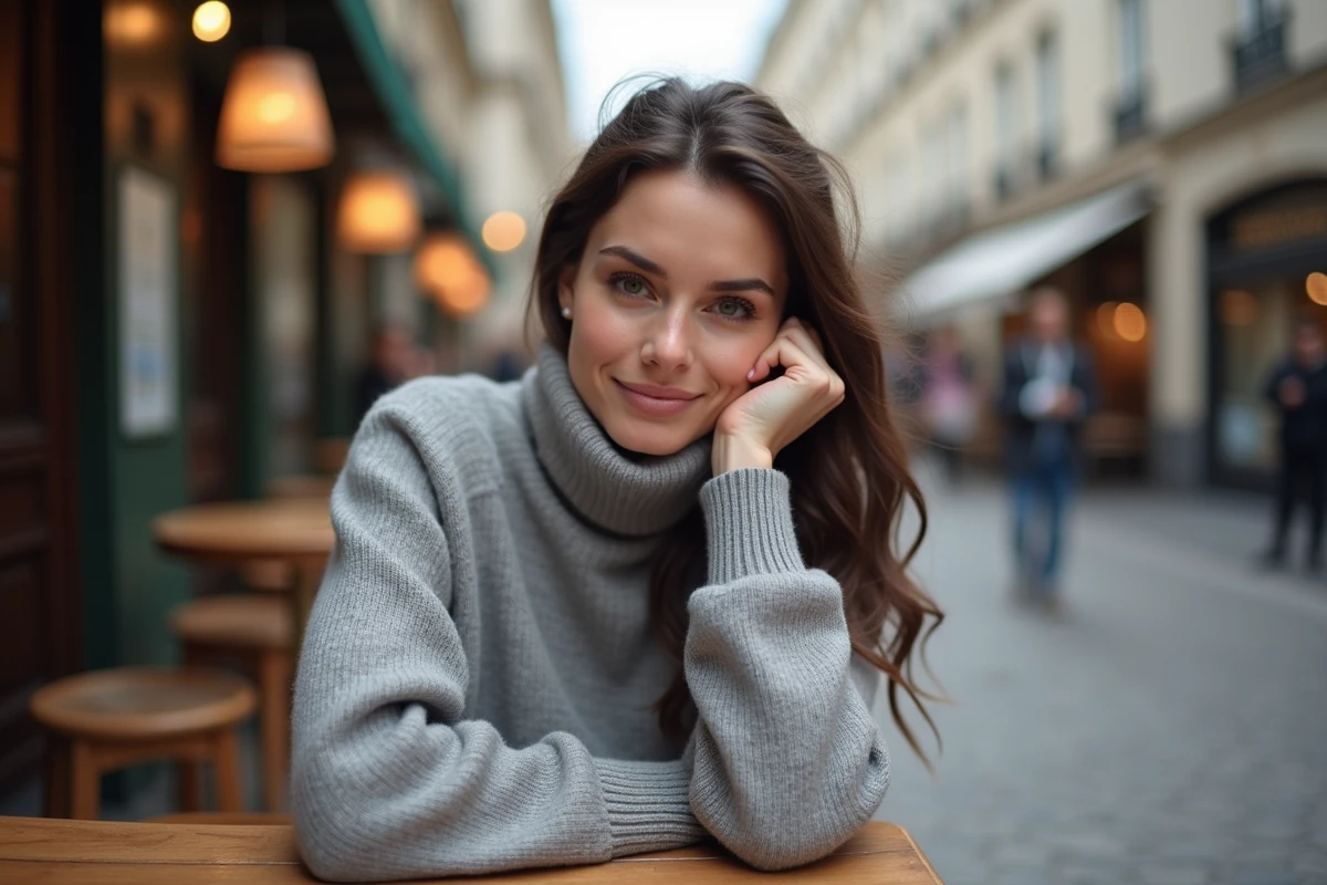 Femme discrète et élégante assise à une terrasse de café parisien, compagne mystérieuse d'un humoriste célèbre
