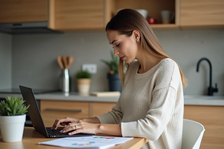 Femme enceinte utilisant un ordinateur dans une cuisine moderne